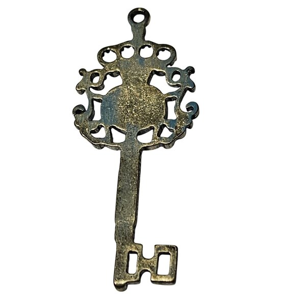Vintage Ornate Brass Skeleton Key Pendant Crown Heart Design Blue Accents - Picture 2 of 4
